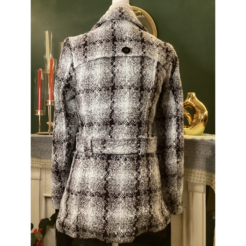 Maurices Womens Black White Brown Plaid Belted Pea Coat Jacket Size S Small - Picture 5 of 7